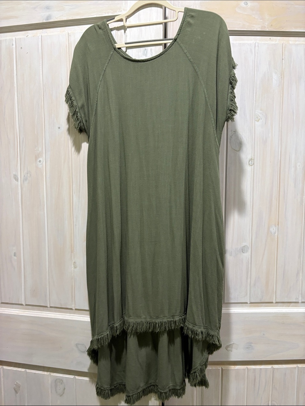 Vasna Linen/cotton  Olive Green High-Low Fringe Dress